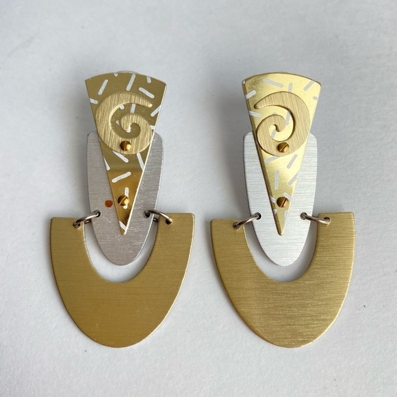 Vintage 90s Y2K Earrings Two Tone Gold Silver Metallic Statement Jewelry - Picture 2 of 8